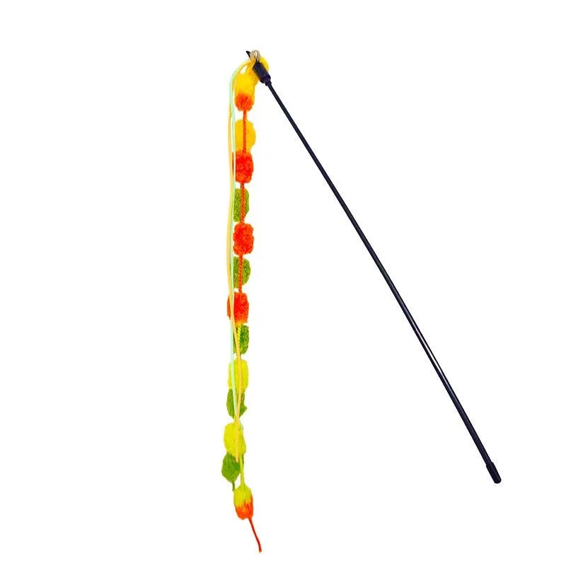 Rainbow cotton candy cat teaser wand with bell and tassel on 60cm telescopic pole