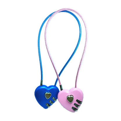 Peach heart-shaped ABS plastic bicycle helmet lock with a long steel cable, shown in various colours.
