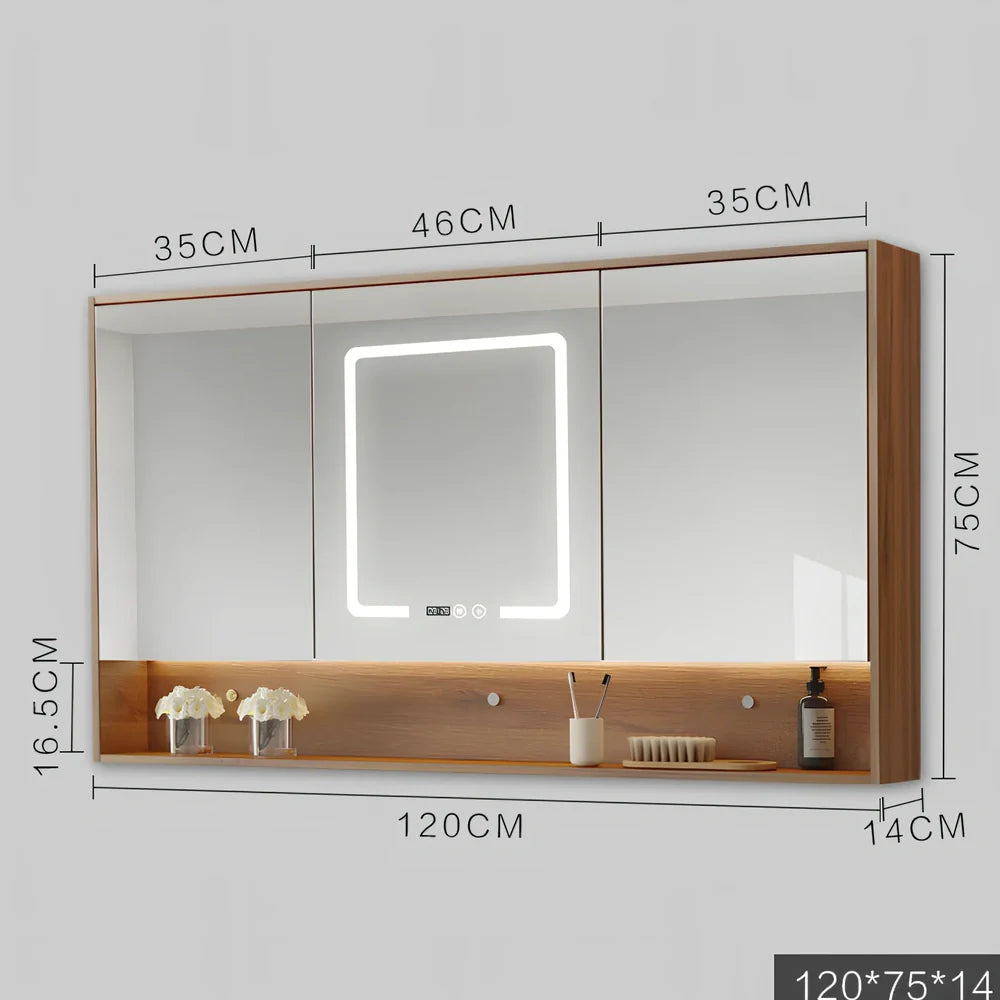 Wall-mounted bathroom mirror cabinet with LED lights and anti-fog technology in solid wood construction