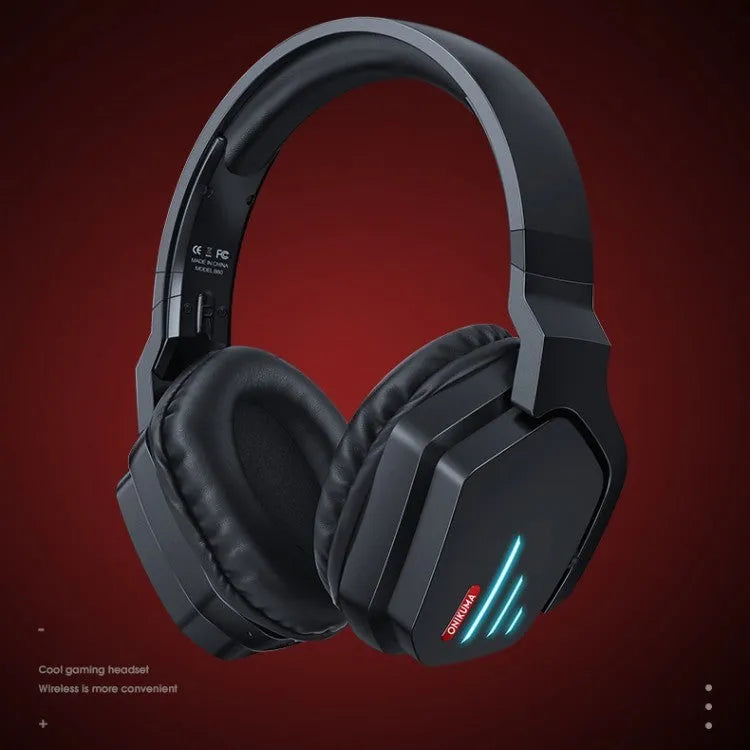 Luminous black wireless headphones with head-mounted design, showing ear cushions and adjustable headband