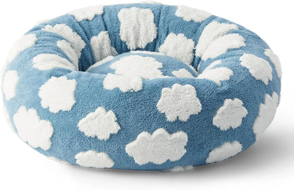 Round blue and white plaid pet bed with plastic frame and fleece cover for dogs