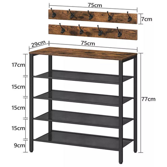 Rustic wooden 4-tier shoe rack with coat hook for mud room organization