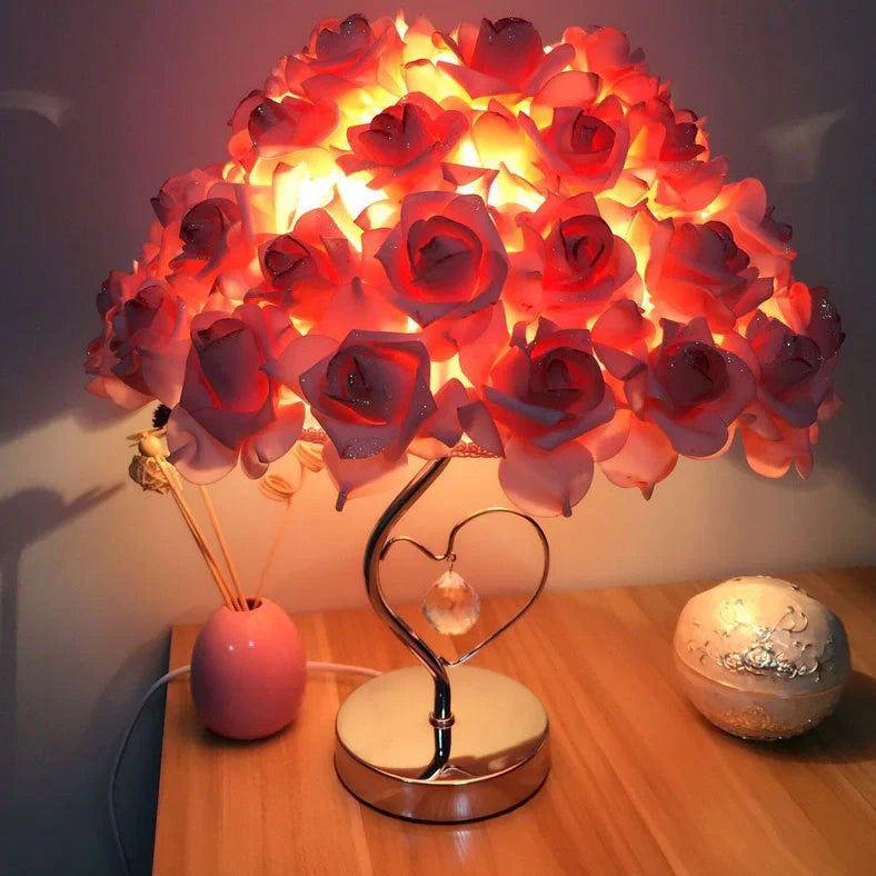 Rose heart-shaped table lamp with metal base in blue colour, measuring 44cm tall