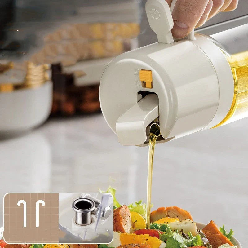 Versatile oil sprayer and pourer made of sturdy soda-lime glass, with automatic opening and closing mechanism for one-handed operation and dual spraying and pouring functions