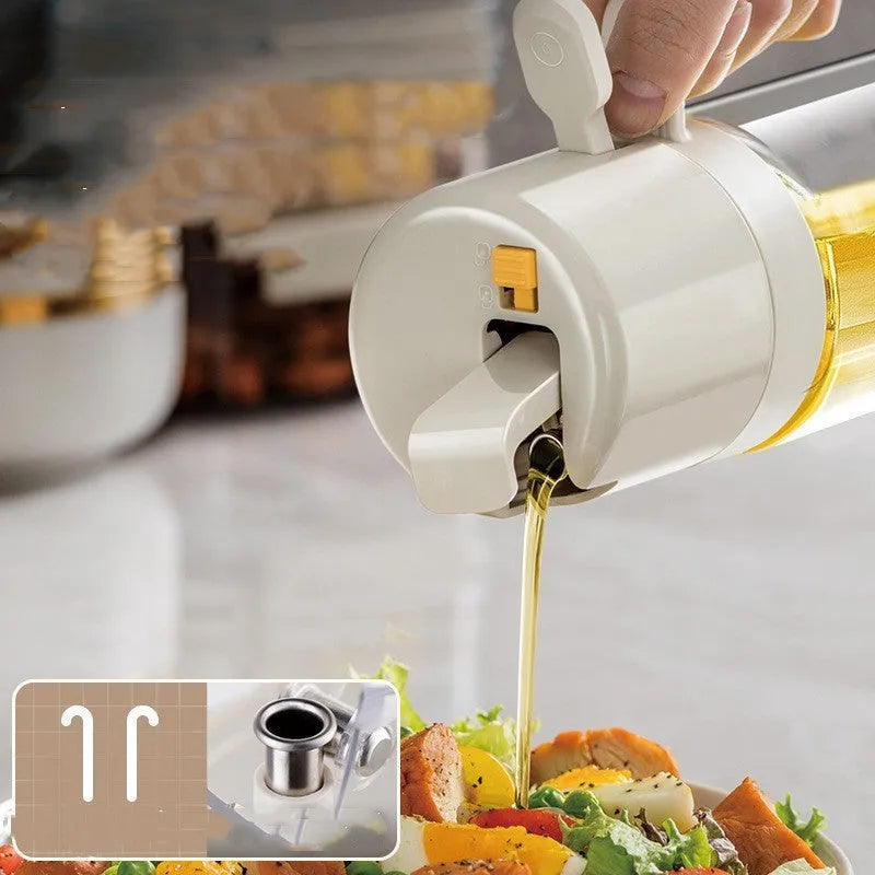 Warm grey 550ml glass oil sprayer bottle with dual-mode cap for spraying and pouring.