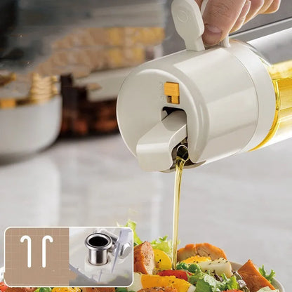 Warm grey 550ml glass oil sprayer bottle with dual-mode cap for spraying and pouring.