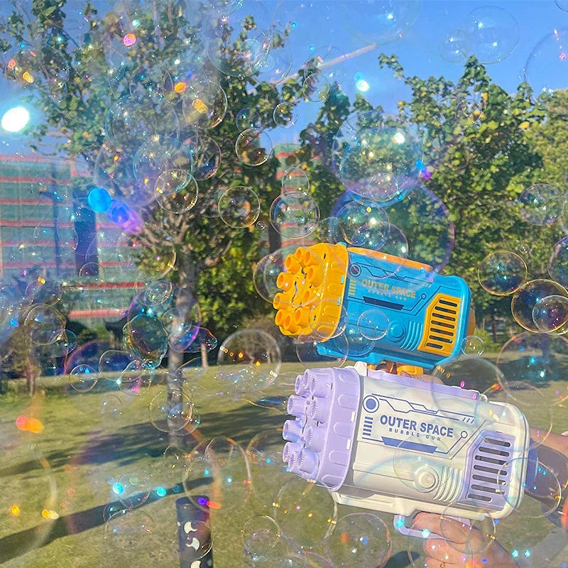 Powerful 69-hole bubble blasting rocket launcher with colorful LED lights for endless bubble-popping fun