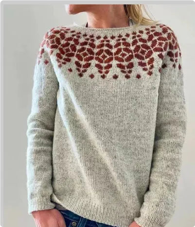 Women's loose round neck acrylic pullover sweater in geometric and stripe prints, sizes S-5XL, 50cm length