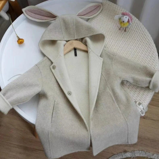 Milky white children's woolen coat with rabbit ears hood, mid-length design with long sleeves