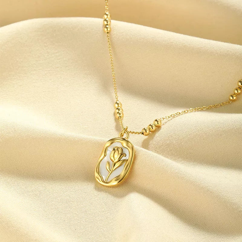Rose white shell pendant necklace with 18K stainless steel chain