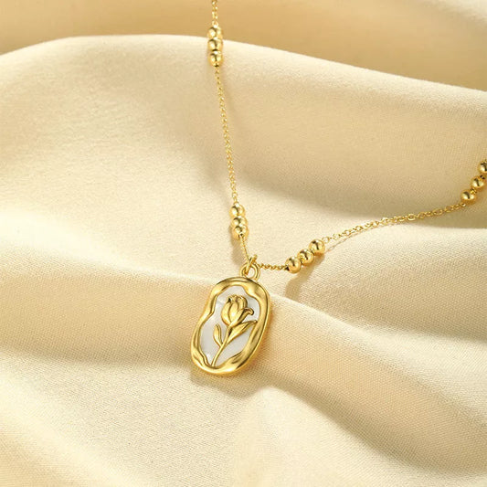 Rose white shell pendant necklace with 18K stainless steel chain