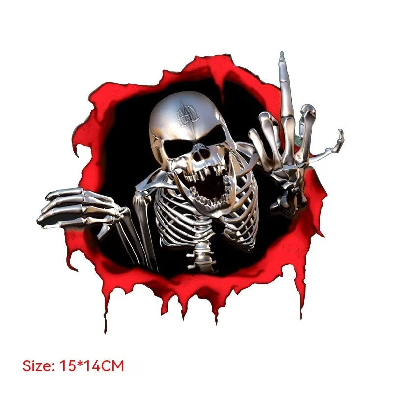 Reflective metal skull bumper sticker with colourful broken shell design on white background