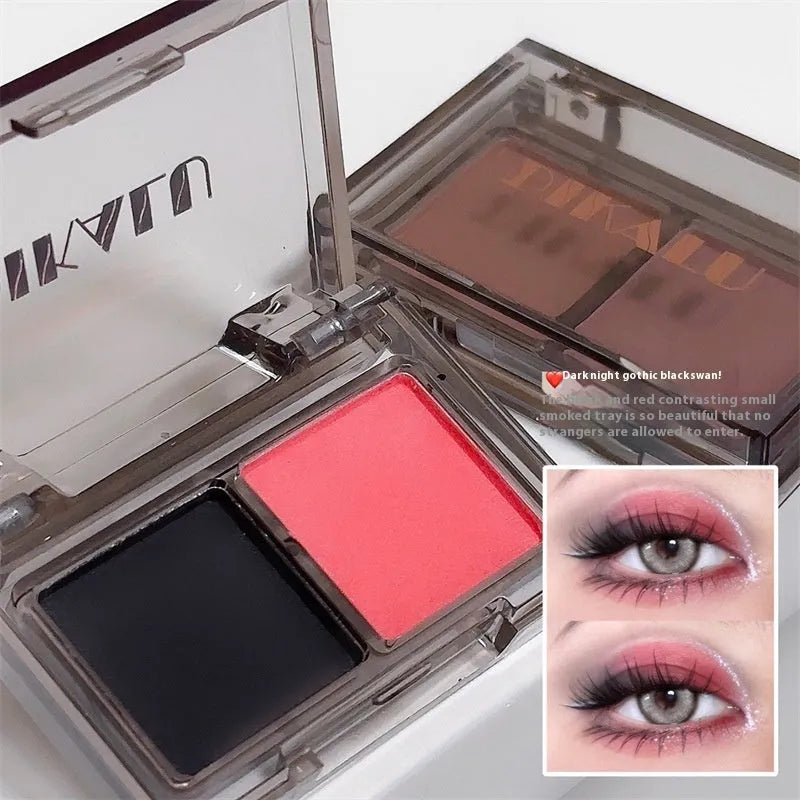 DIKALU two-colour eye shadow compact open, showing a matte and a shimmer shade split down the middle.