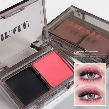 DIKALU two-colour eye shadow compact open, showing a matte and a shimmer shade split down the middle.