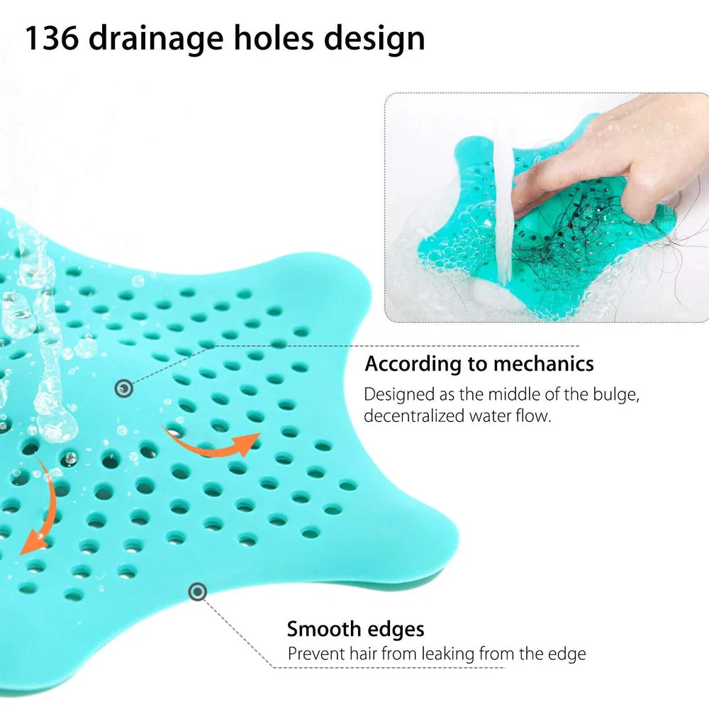 Three starfish-shaped sink drain filters in white, blue and green colours showing suction cups on bottom
