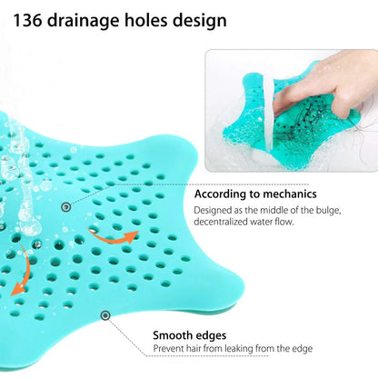 Three starfish-shaped sink drain filters in white, blue and green colours showing suction cups on bottom