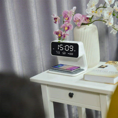 Versatile 3-in-1 bedside lamp with wireless charger, alarm clock, and adjustable LED lighting
