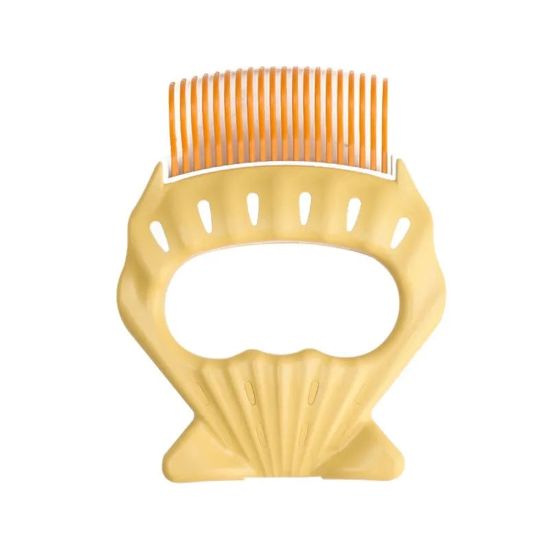 Shell-shaped plastic pet grooming brush with bent wire bristles in green, orange, or purple colours