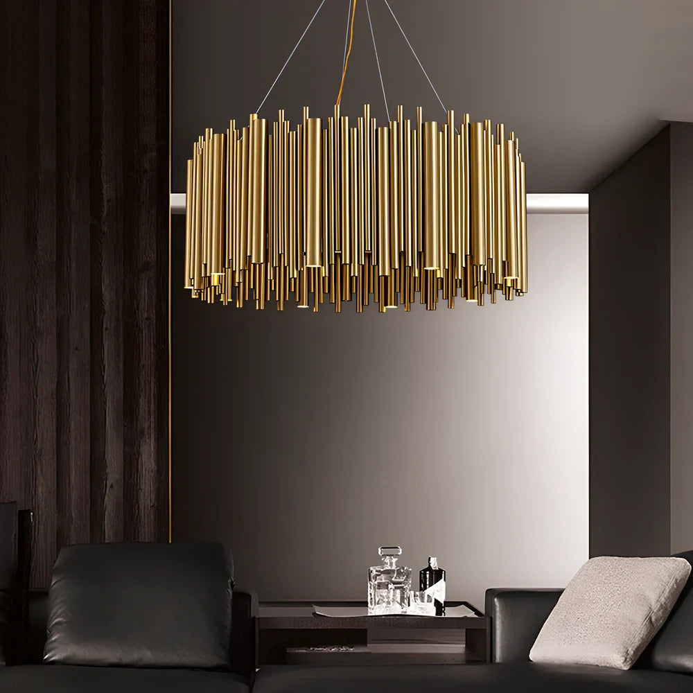 Postmodern iron chandelier with stainless steel construction and multiple G9 LED bulbs in layered configuration