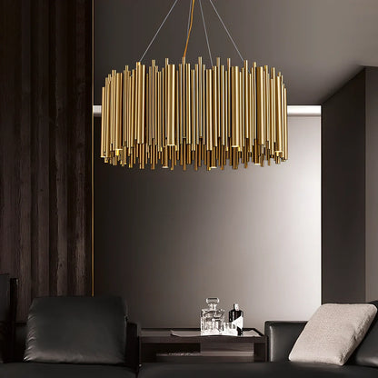 Postmodern iron chandelier with stainless steel construction and multiple G9 LED bulbs in layered configuration