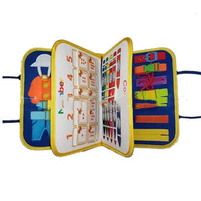 Children's busy board with dressing and buttoning features for early learning