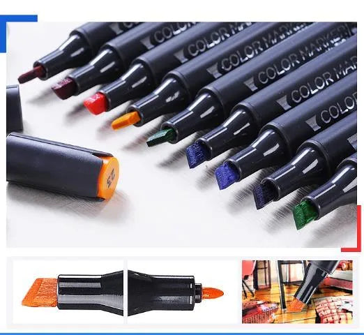 Double-headed alcohol-based oily colour animation paint pens for professional art students with round and inclined tips for precise 1-6mm line control and extensive colour selection from 30 to 128 colours including skin tones