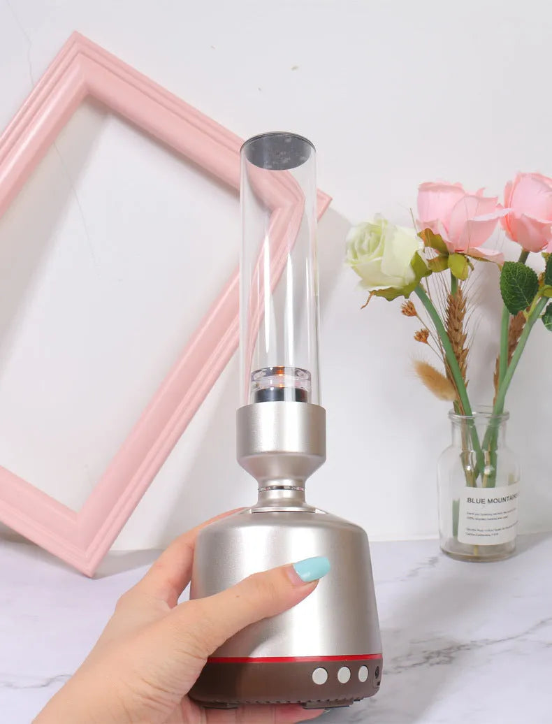 White silver Bluetooth speaker night light with 90x277mm dimensions and push button control