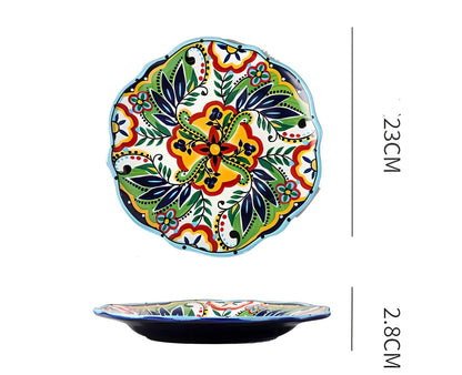Underglaze ceramic bowl with Bohemian floral pattern in blue mandarin duck design, 8 inch diameter