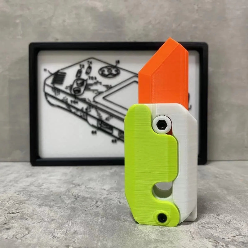 3D printed gravity carrot knife fidget toy for children and students, small plastic mini model novelty gift with gravity flip mechanism for stress relief, 11cm size in multiple colour options
