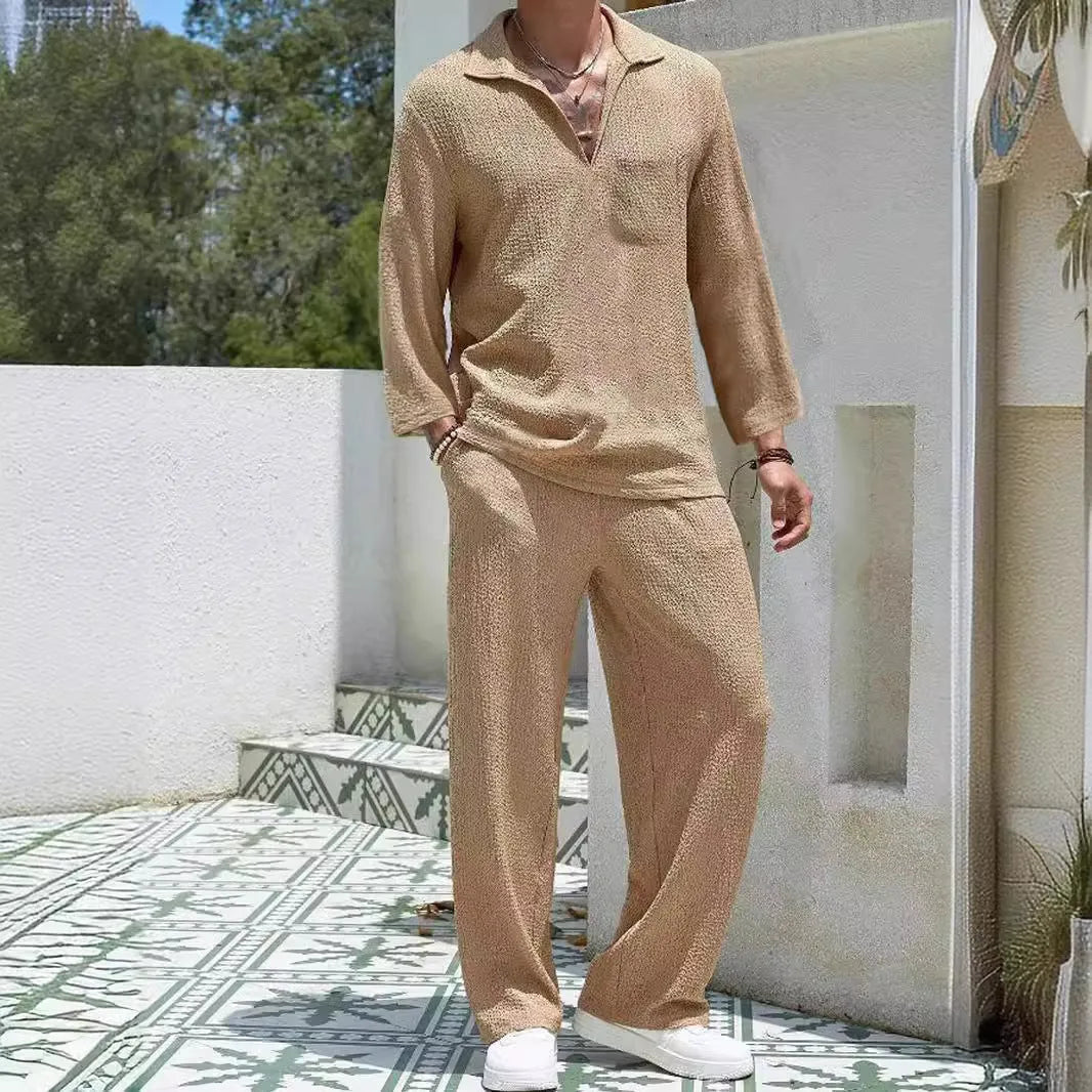 Men's casual shirt and trousers set in lake blue with shirt-style jacket and matching trousers for autumn leisure wear