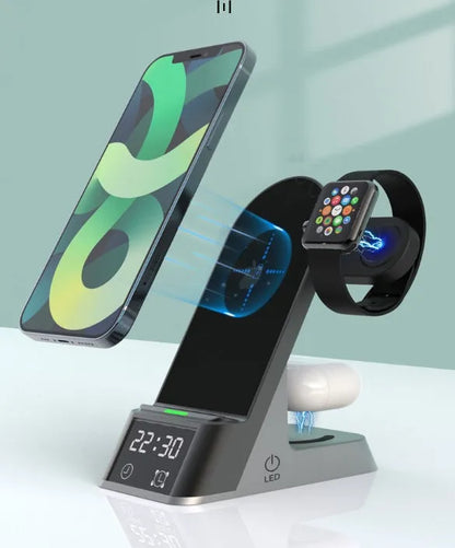 Black multifunctional wireless charging alarm clock with six device charging capability and integrated clock display