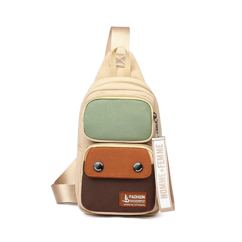 Nylon crossbody shoulder bag with letter pattern in beige contrast colour.