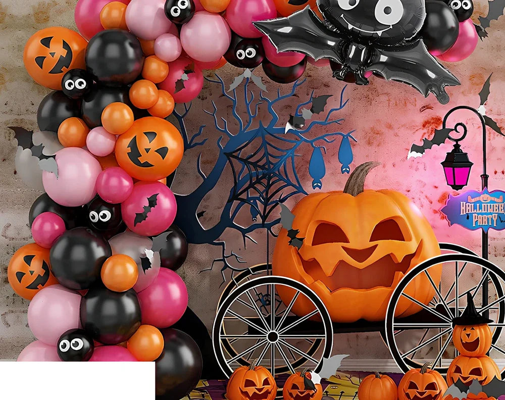 Halloween latex balloon set with bat designs, 12-inch black and orange balloons, 10m chain, and ribbons for party decor