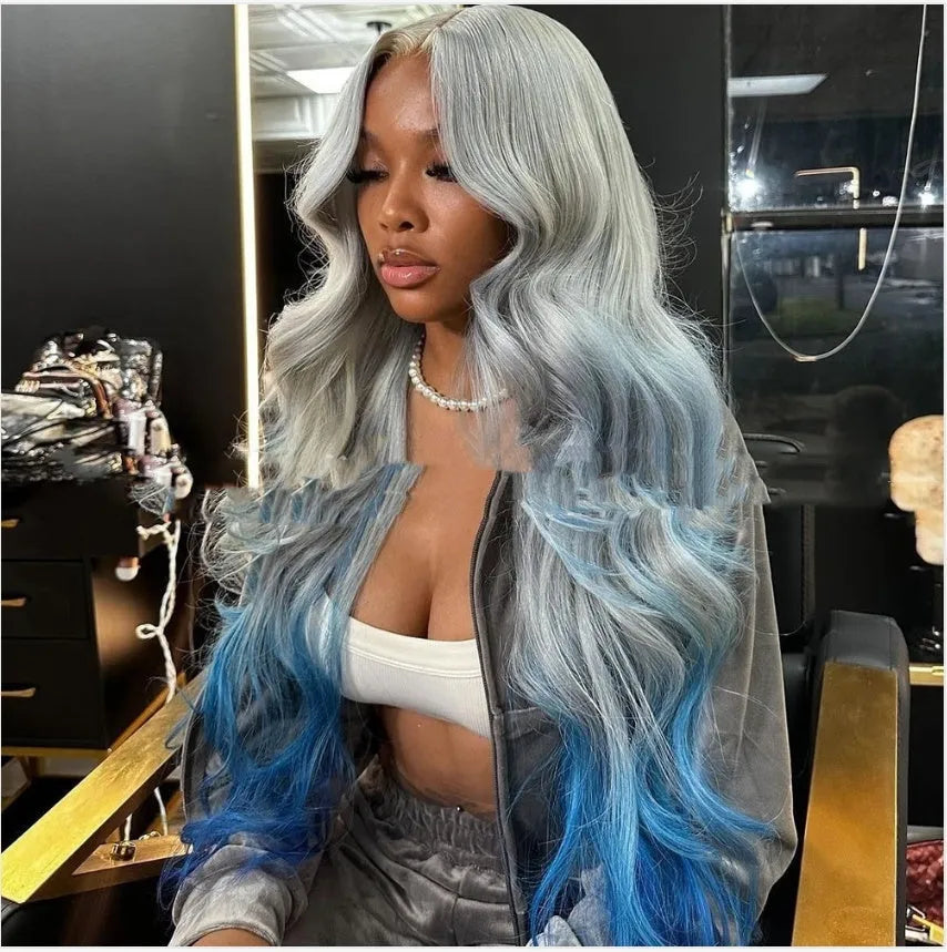 Gradient grey blue human hair wig with straight Ruili style on 4x4 lace front cap