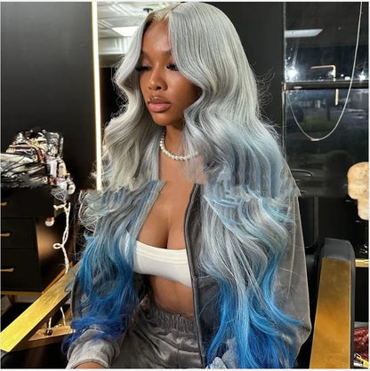 Gradient grey blue human hair wig with straight Ruili style on 4x4 lace front cap