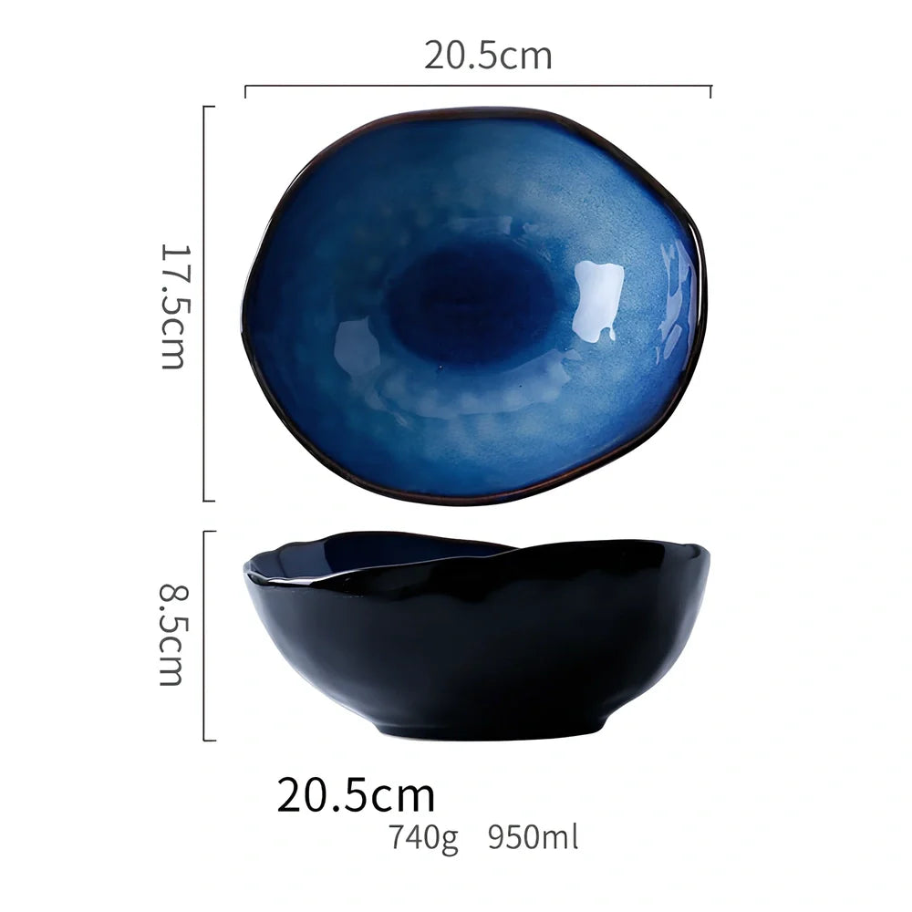 Blue irregular ceramic plate with kiln-changing glaze pattern, measuring approximately 20cm across irregular edges