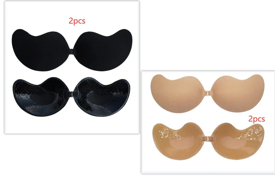 A discreet, backless and strapless silicone bra that provides a natural lift and invisible support under clothing.