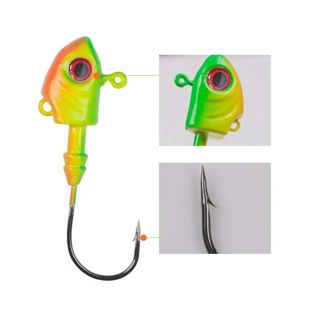 Pack of three Yayu shaped lead head fishing lures in Blue, Sliver or Yellow colour.