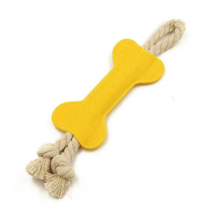 Durable felt bone shaped dog toy with rope knots, in blue colour, for chewing and puzzle play.