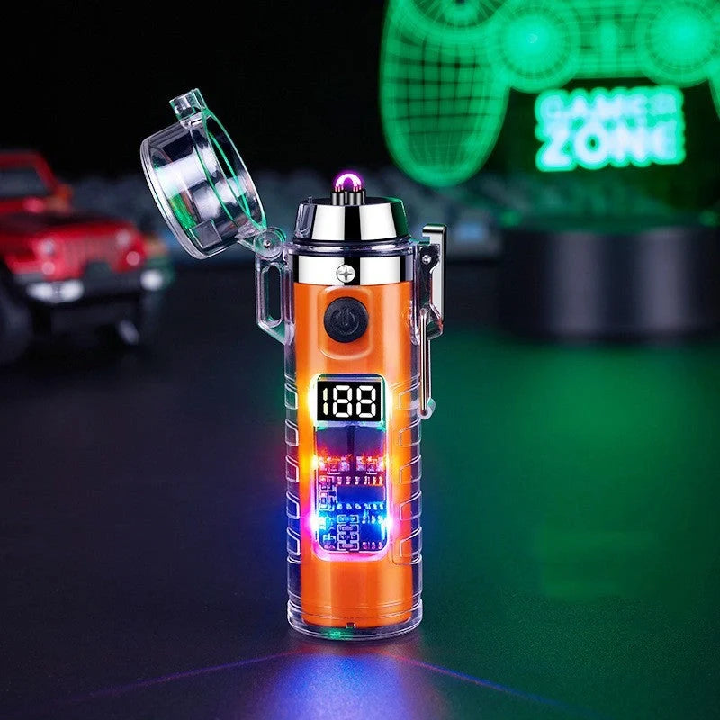 Transparent shell dual arc USB charging lighter with waterproof LED light in various colors