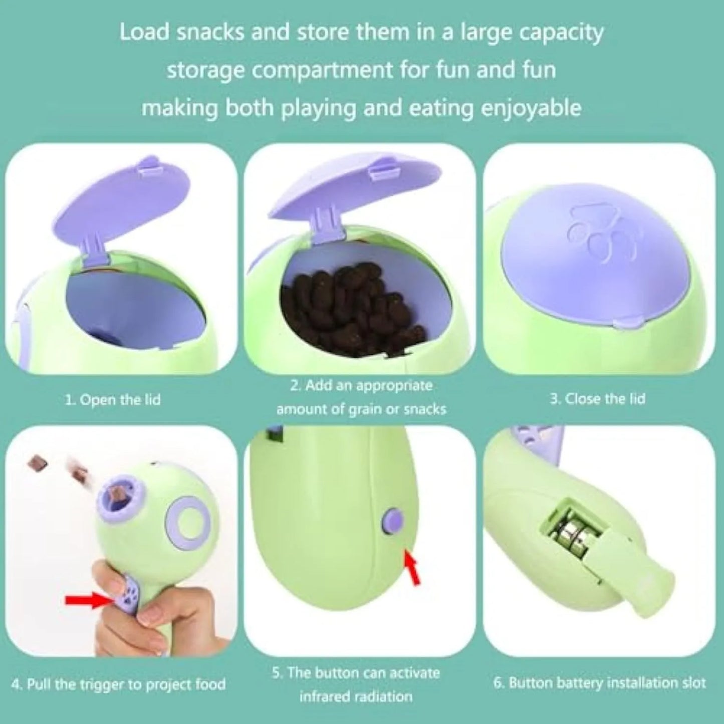 Green interactive dog treat launcher toy with treat dispensing mechanism for training and play