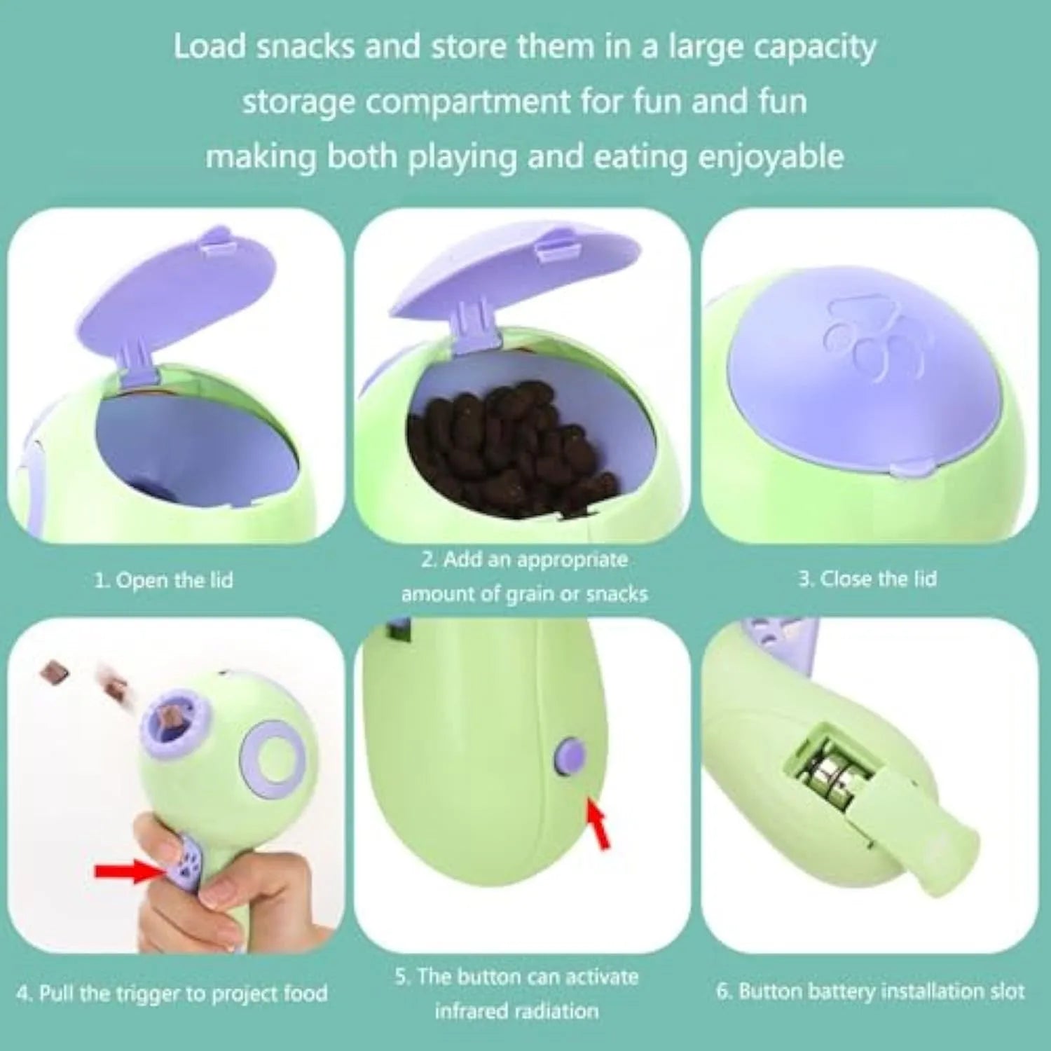 Green interactive dog treat launcher toy with treat dispensing mechanism for training and play