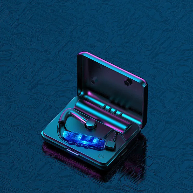 Black Bluetooth earphones with hanging ear design, showing ear caps and charging port