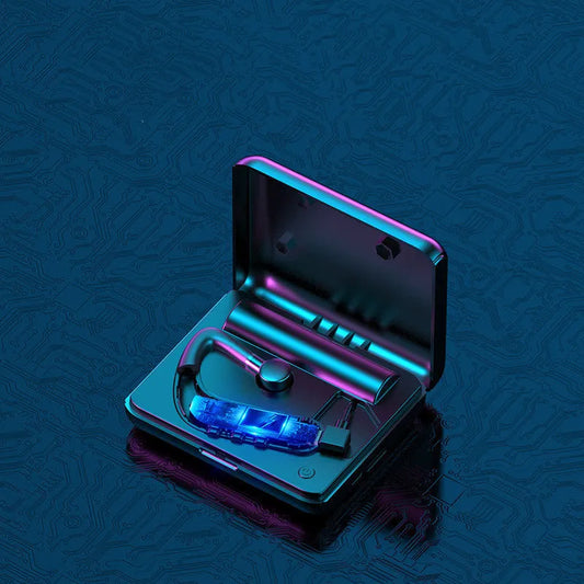 Black Bluetooth earphones with hanging ear design, showing ear caps and charging port