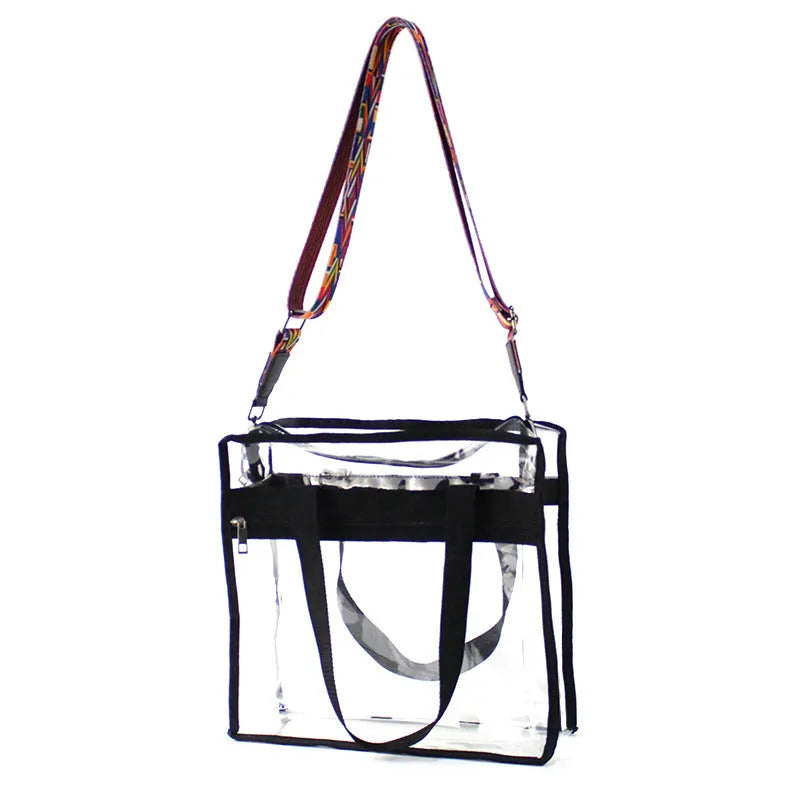 Women's PVC transparent shoulder messenger bag showing clear front panel with colour options and dual strap design