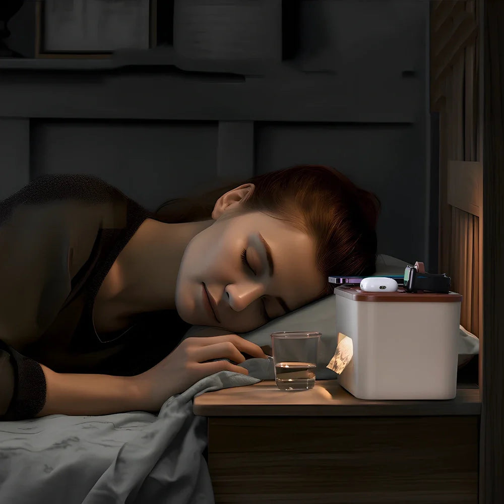 Beige geometric bedside lamp with tissue storage and wireless charging measuring 235×160×150mm