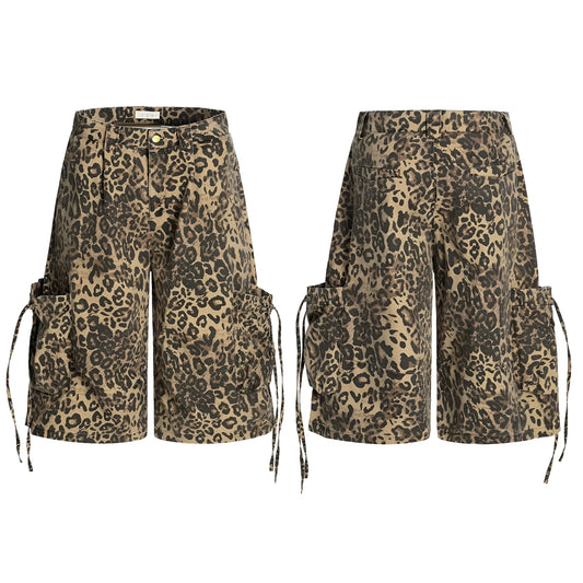 Women's leopard print cropped cotton pants with high waist and straight leg vintage style