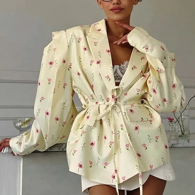 Collar lace-up waist-tight suit jacket in floral print with adjustable waist design and long sleeves