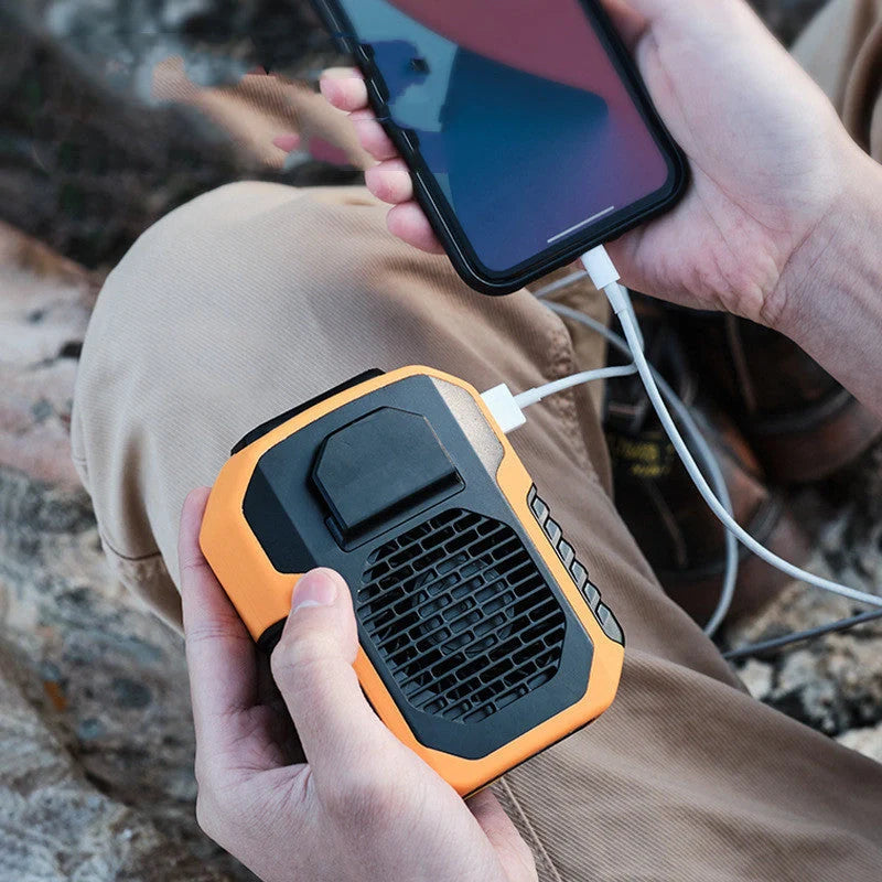 Portable waist fan with USB charging in green, black, and orange colors