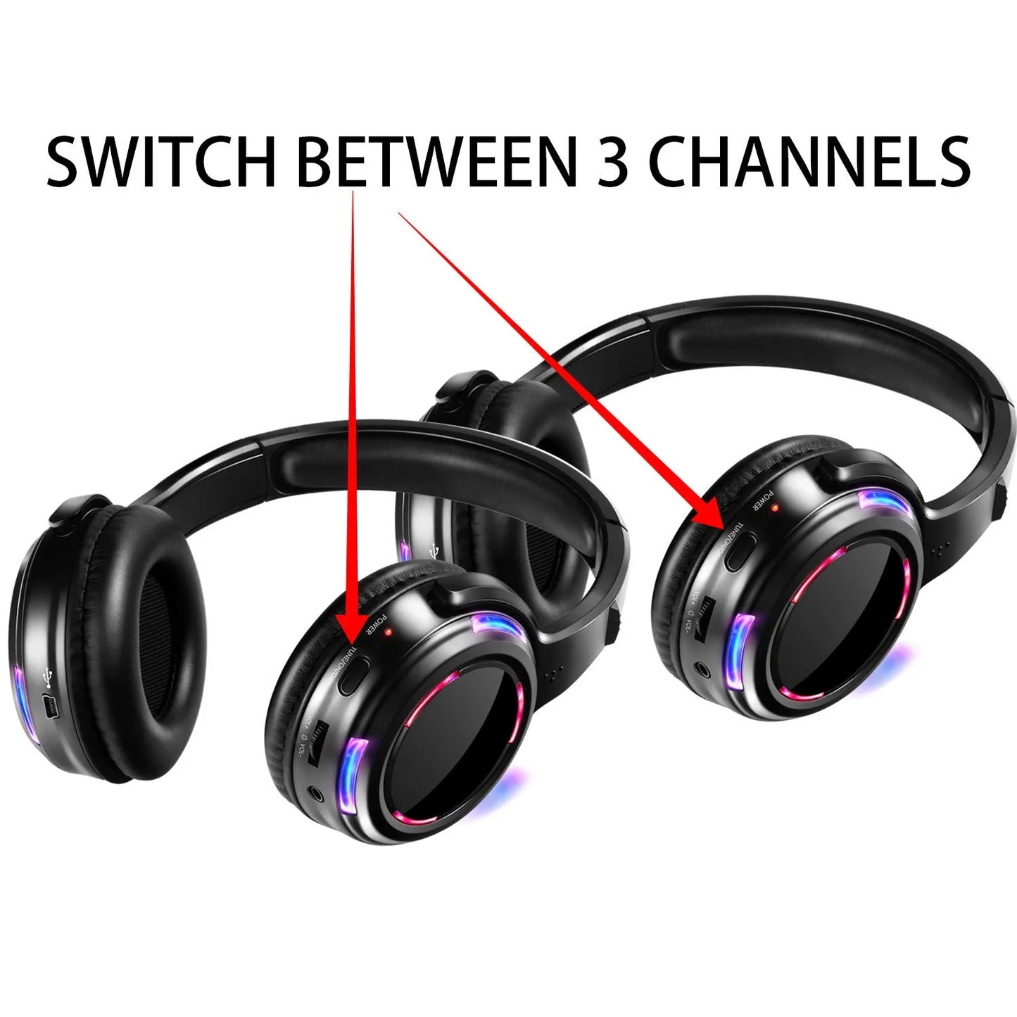Black silent disco wireless headphones with head-mounted design showing 40mm drivers and 3.5mm plug connection